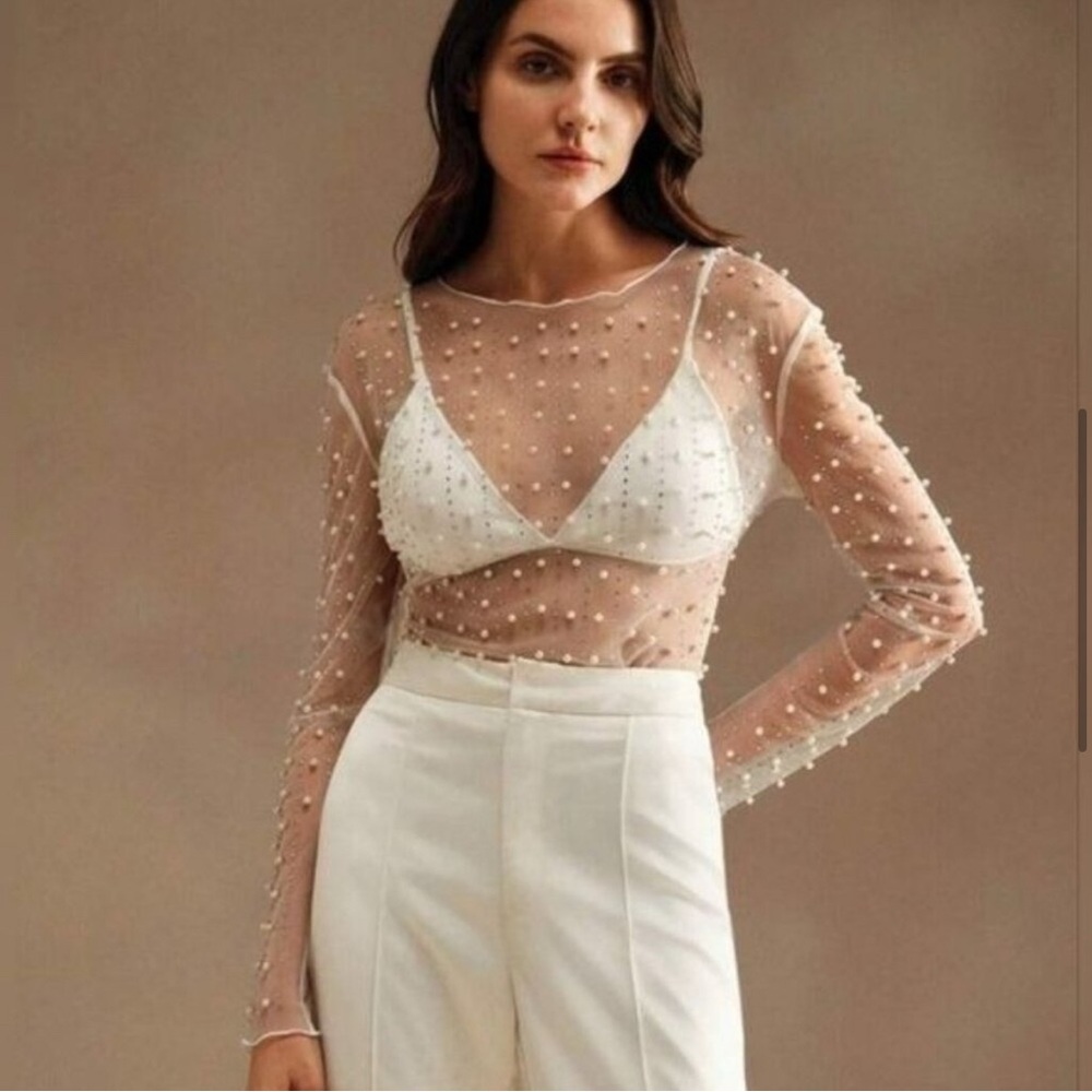 Pearl Beaded Sheer Long Sleeve Top